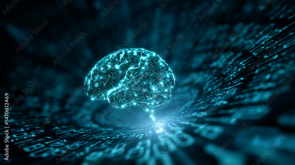 Poster digital brain circuit design, glowing cyan, on dark binary code background, representing artificial 