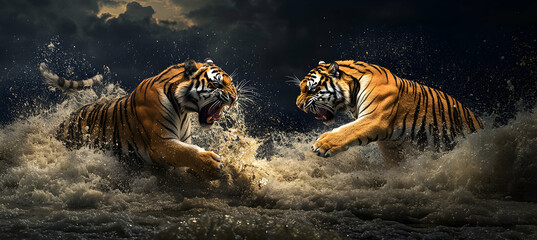 Obraz premium Two tigers fighting in water