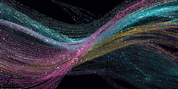 Abstract digital art showcasing flowing streams of binary code in pink, teal, and gold hues against a black background, symbolizing data flow or technological innovation