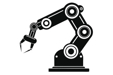 Isolated black mechanical robotic arm features a clawlike gripper against a white transparent background