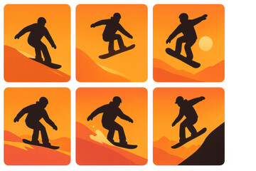 Sunset snowboarding icons set - silhouettes, jump, tricks, mountains, sport, adventure, winter, action. Flat icon set