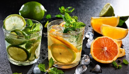 Fototapeta premium tasty lemonade or mojito cocktail with citrus and mint