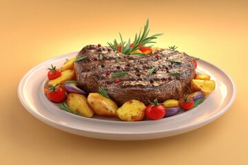 Grilled Steak with Potatoes and Cherry Tomatoes.