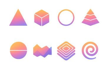 Vibrant geometric icons set – triangle, cube, circle, pyramid, gradient, abstract. Flat icon set