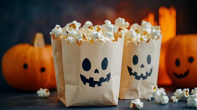 Popcorn served in decorated paper bags with ghost faces