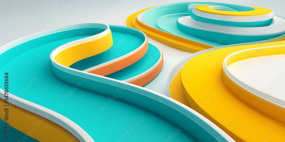 Poster Abstract 3D render of turquoise, orange, yellow, and white curved shapes creating a dynamic, modern design suitable for background or presentation showcase