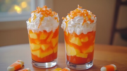 Candy corn parfaits layered with whipped cream and orange jello