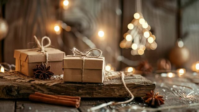 A still life scene featuring holiday presents wrapped in brown paper and twine. Cinnamon sticks and star anise add a festive touch. Decorative lights enhance a rustic setting.