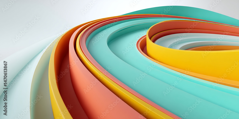 Poster abstract image of curved, pastel-colored stripes creating a dynamic, flowing design, showcasing a mo