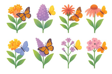 Summer blooms and butterflies icons set – nature, floral, bright, colorful, garden. Flat icon set