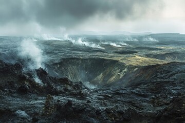 Obraz premium Volcanic landscape with steaming vents and craters, a dramatic scene of post-eruption activity.