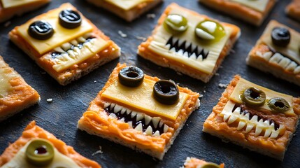 Crackers topped with cheese and olives to create creepy faces