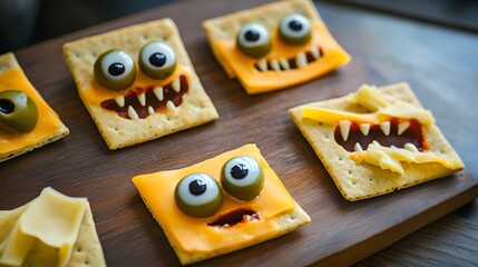 Crackers topped with cheese and olives to create creepy faces