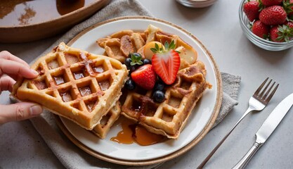 Waffles with syrup and berries served for National Waffle Day
