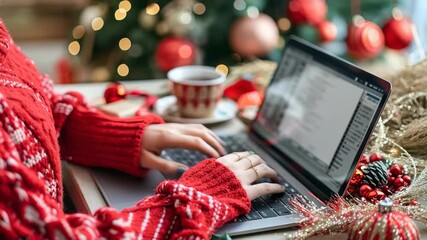 A woman is typing on a laptop while wearing a festive holiday sweater. The setting includes holiday decorations like a Christmas tree and ornaments. There is a cup of coffee on the table. - Powered by Adobe