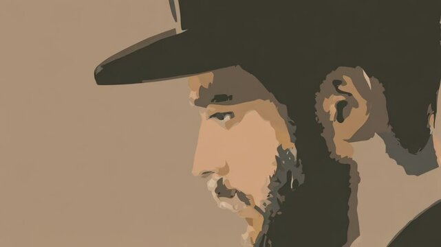 Profile portrait of a man with a beard wearing a hat and sidelocks looking down with neutral earth tones