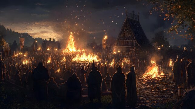 Detailed depiction of an ancient Celtic village celebrating Samhain with bonfires