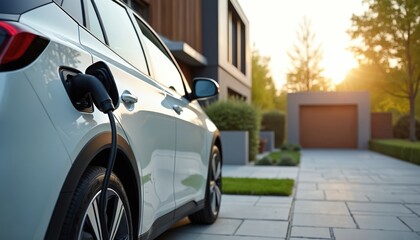 Fototapeta na wymiar Electric vehicle charging at home. EV hybrid car plugged into wallbox on modern house. Clean energy future for transport, new tech. Eco-friendly lifestyle.
