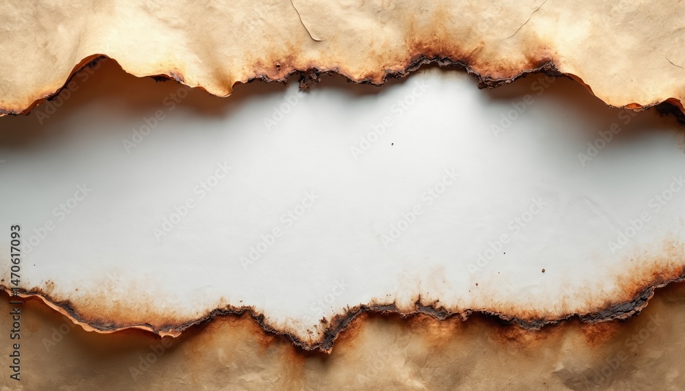 Poster torn and burned paper edges against a blank background. high angle view on destroyed, aged paper tex