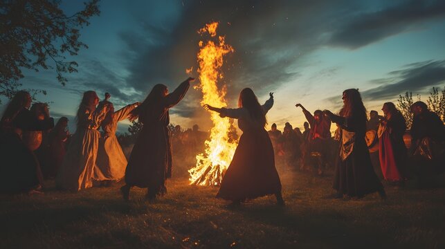 Traditional Samhain bonfire ceremony with people dancing around the fire