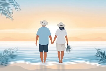 Fototapeta premium Minimalist style, flat illustration, senior couple walking through shallow water, holding hands, soft wave patterns around legs, sunny sky element at top, centered composition.