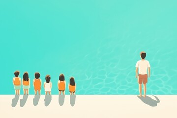 Minimalist style, flat illustration, group of kids in a swimming lesson, lined up along the pool edge with instructor in front, geometric water texture, organized composition.