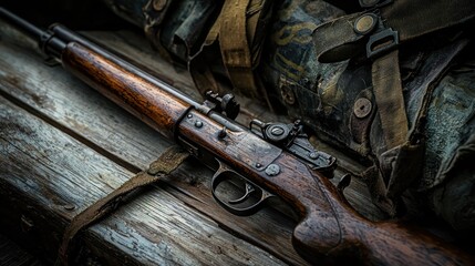 Vintage firearm and weathered combat gear on a rustic wooden surface