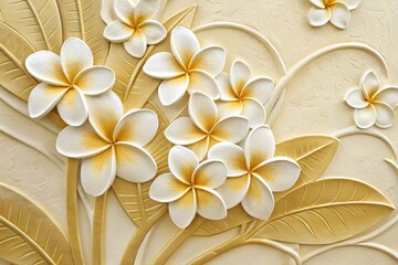 Fototapeta premium Floral Serenity: A collection of pristine, sculptural blossoms of plumeria flowers, exuding elegance and charm, adorning with delicate leaves.
