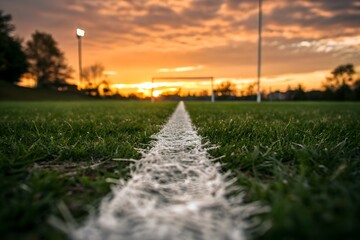 Obraz premium Setting the Stage: A close-up perspective captures a vibrant grass field, meticulously marked with white lines, set against a fiery sunset backdrop, creating a vivid scene for a sporting competition.