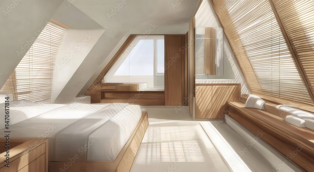 Poster 白い壁と木製の要素が特徴的な屋根裏部屋の寝室デザイン 現代的な建築の屋内インテリア ミニマリストスタイルと自然光が調和した快適な空間