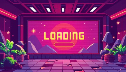 Retro futuristic loading screen, a pixelated journey into digital realms and geometric shapes, neon lights illuminate distant horizons