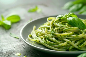 Fettuccine with basil pesto and fresh basil leaves. Neural network AI generated