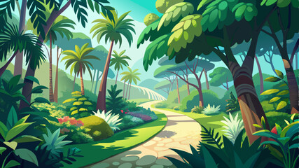 Fototapeta premium Lush greenery and palm-like trees frame a winding path through a tranquil sun-dappled botanical garden on a bright day.