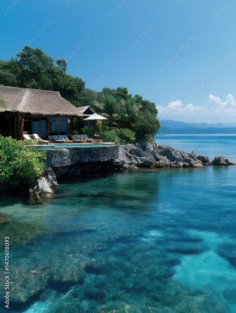 Poster 透き通る青い水と岩の崖の上に建つ茅葺き屋根の熱帯リゾートで晴れた日の風景