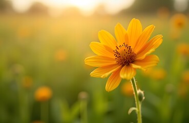 Obraz premium Macro shot of a single yellow orange flower in a sunlit meadow
