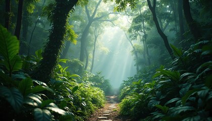 Mystical jungle scene with sunlight through trees. Lush green rainforest with path, foliage, fog. Nature landscape travel scene. Beautiful fantasy art illustration background.