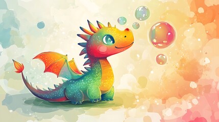 Cute cartoon dragon blowing bubbles