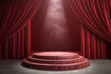 Stage Ready: A grand, crimson stage, with velvet curtains framing a dramatic circular platform, is illuminated by a powerful spotlight, ready to showcase a captivating performance.