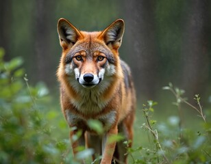 Fototapeta premium Close-up portrait of majestic red wolf. Endangered animal, Canis rufus. Brown fur, green eyes, attentive gaze in natural habitat, foliage. Wild mammal outdoors in forest. Conservation awareness.