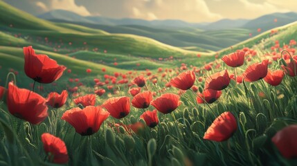 Vibrant poppy field undulating through green hills on a breezy day