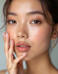 Close-up portrait woman with glowing skin, perfect makeup. Natural beauty, elegant look, smooth complexion. Healthy radiant, youthful skin. Subtle makeup highlights. Ideal for cosmetic, beauty,