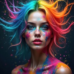 Fototapeta premium AI-generated portrait of woman with vivid rainbow hair, makeup. Colorful powder paint splatters on face, body. Bright psychedelic art illustration for wallpapers creative designs. Perfect for beauty,