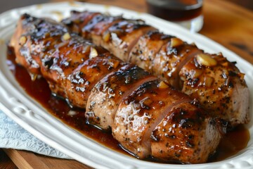 Glazed pork tenderloin on white platter with herb garnish. Neural network AI generated