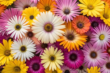 Fototapeta premium Blooming Delight: A vibrant tapestry of colorful daisies fills the frame, offering a cheerful and inviting image of nature's beauty and diversity.