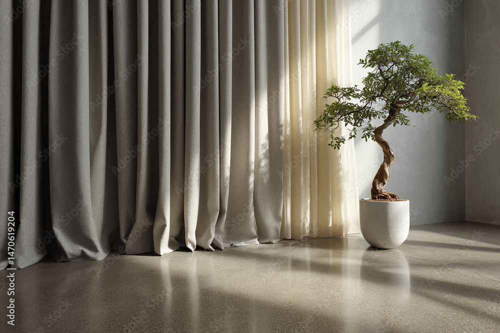 Poster sunlit interior scene with beige curtains and a bonsai tree in a white pot, showcasing a minimalist 