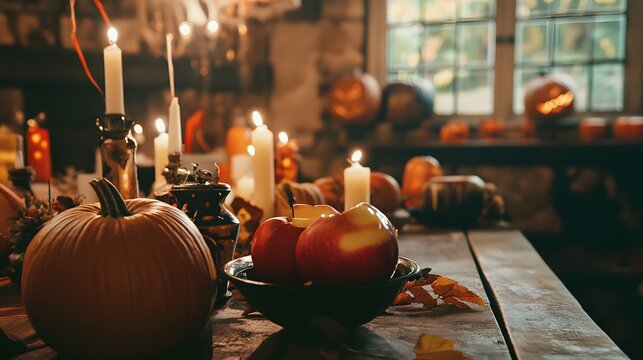 Vintage Halloween party scene with apple bobbing and other traditional games