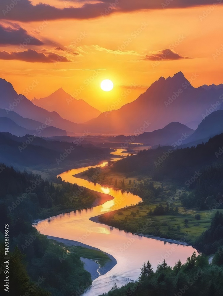 Aufkleber オレンジ色の空の下で曲がりくねった川と緑の森に囲まれた山の夕焼けの風景