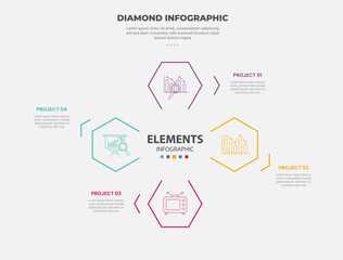 hexagon base shape infographic outline style with 4 point template with open cut base shape cycle circular for slide presentation