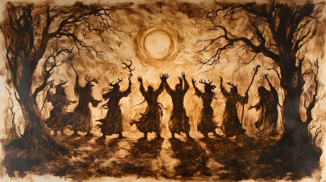 Ancient drawing of Celtic druids performing rituals for Samhain