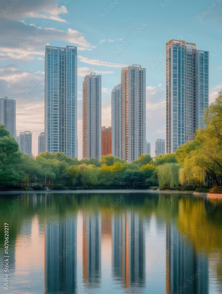Aufkleber 澄んだ湖面に映る高層ビル群と緑豊かな公園の風景 高層建築が空にそびえ立ち都市の静けさを伝える穏やかな景観